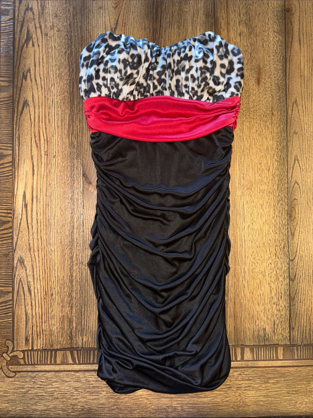 Studio Y Black Strapless Dress with Leopard Bust and Red Band Y2K